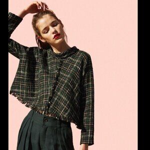 Zara Women's  Green and Black Tweed Pullover Top